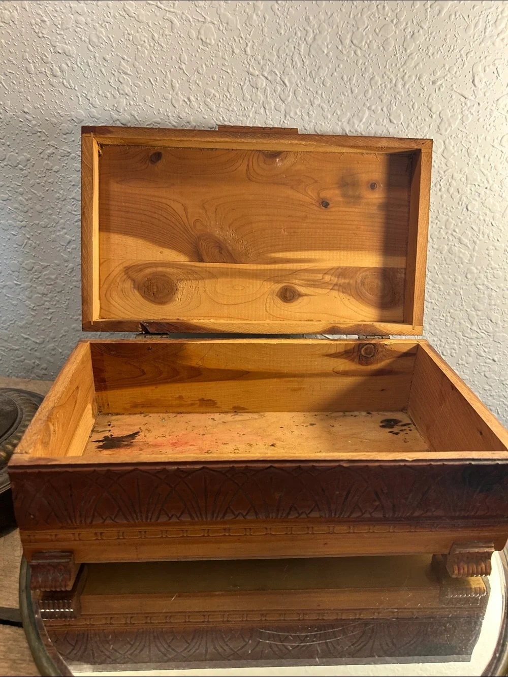 Hand-Carved Wooden Decorative Cedar Box in Warm Brown and Tan Cottage Core
